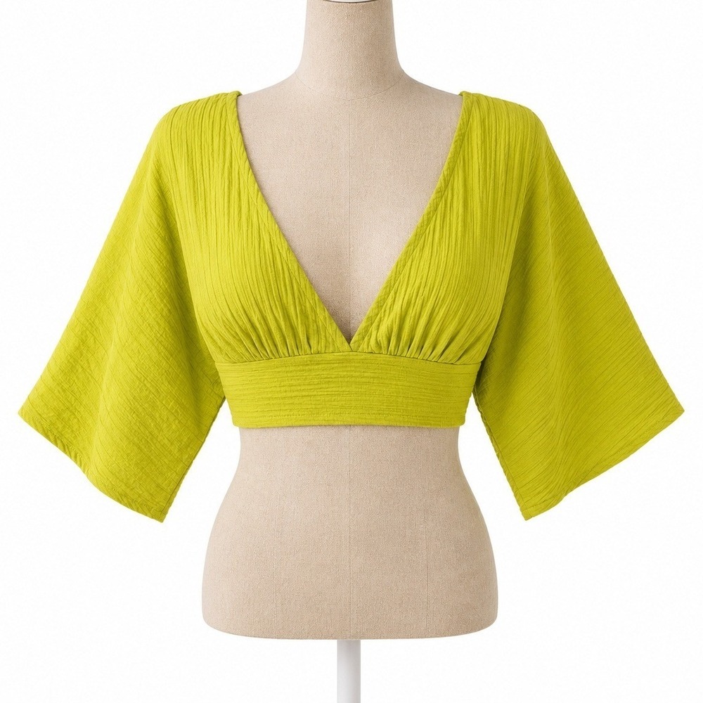 Y2K Forever 21 Deep V Neck Festival Crop Top Size Large Lime Green Boho Indie